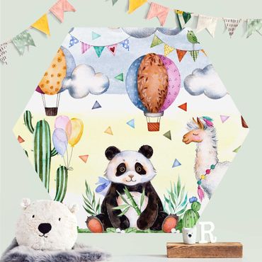 Papier peint hexagonal autocollant avec dessins - Panda And Lama Watercolour