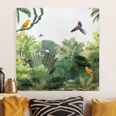 Impression sur toile - Parade de perroquets dans la jungle - Carré 1:1