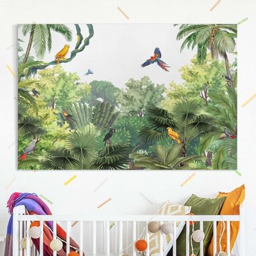 Impression sur toile - Parade de perroquets dans la jungle - Format paysage 3:2