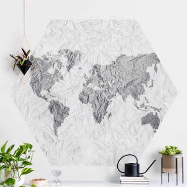 Papier peint hexagonal autocollant avec dessins - Paper World Map White Gray