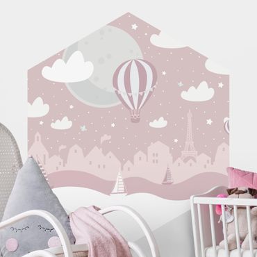 Papier peint hexagonal autocollant avec dessins - Paris With Stars And Hot Air Balloon In Pink