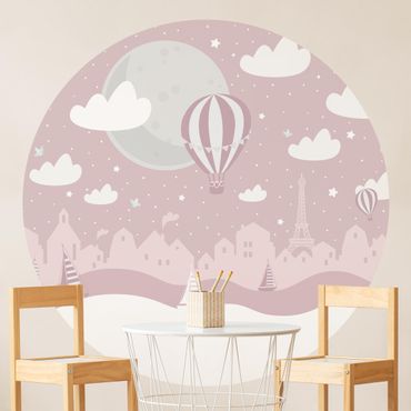Papier peint rond autocollant - Paris With Stars And Hot Air Balloon In Pink