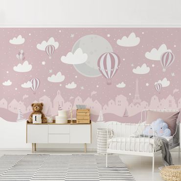 Papier peint - Paris With Stars And Hot Air Balloon In Pink