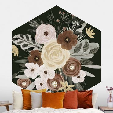Papier peint hexagonal autocollant avec dessins - Pastel Bouquet Of Flowers On Green Backdrop I
