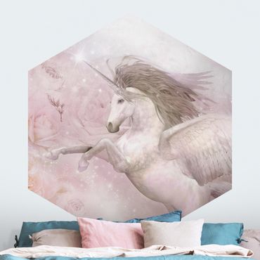 Papier peint panoramique hexagonal autocollant - Pegasus Unicorn With Roses