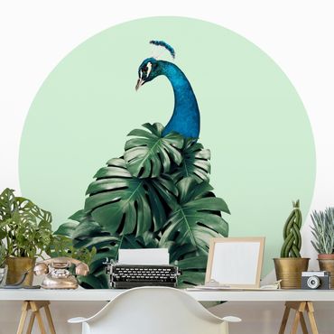 Papier peint rond autocollant - Peacock With Monstera Leaves