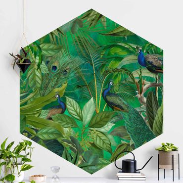 Papier peint hexagonal autocollant avec dessins - Peacocks In The Jungle