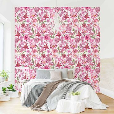 Papier peint - Pink Flowers With Butterflies