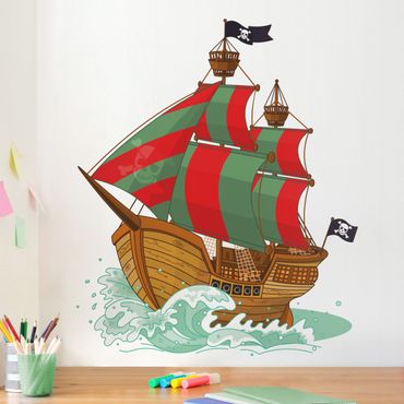 Sticker mural - Pirate Ship with red and green Sails