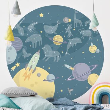 Papier peint rond autocollant enfants - Planets With Zodiac And Missiles