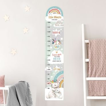 Toise sticker mural enfant - Rainbow rabbits to the moon with custom name