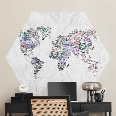 Papier peint hexagonal autocollant avec dessins - Passport Stamp World Map