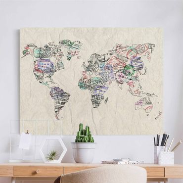 Tableau sur toile naturel - Passport Stamp World Map - Format paysage 4:3