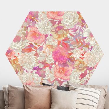 Papier peint hexagonal autocollant avec dessins - Pink Blossom Dream With Roses