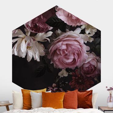Papier peint hexagonal autocollant avec dessins - Pink Flowers On Black Vintage