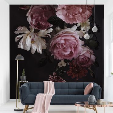 Walpaper - Pink Flowers On Black Vintage