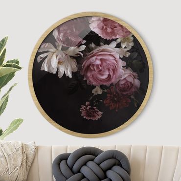 Tableau rond encadré - Pink Flowers On Black Vintage