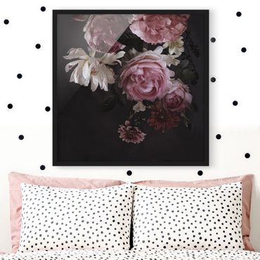 Framed poster - Pink Flowers On Black Vintage