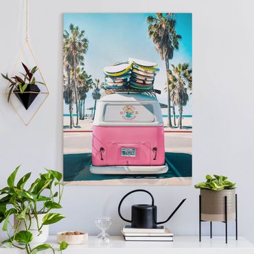 Tableau sur toile - Pink VW Bus With Surfboards - Format portrait 3:4