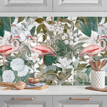 Revêtements muraux pour cuisine - Pink Flamingos With Leaves And White Flowers II