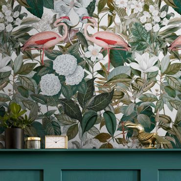 Metallic wallpaper - Pink Flamingos With Leaves And White Flowers