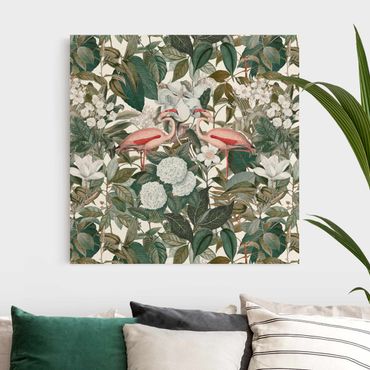 Tableau sur toile naturel - Pink Flamingos With Leaves And White Flowers - Carré 1:1