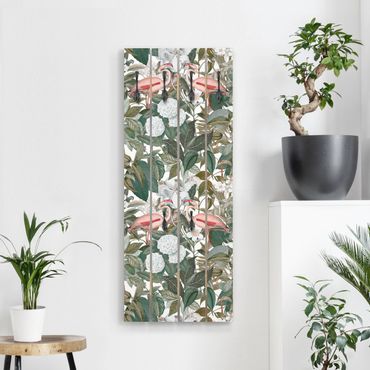 Porte-manteau en bois - Pink Flamingos With Leaves And White Flowers