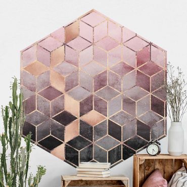 Papier peint hexagonal autocollant avec dessins - Pink Gray Golden Geometry
