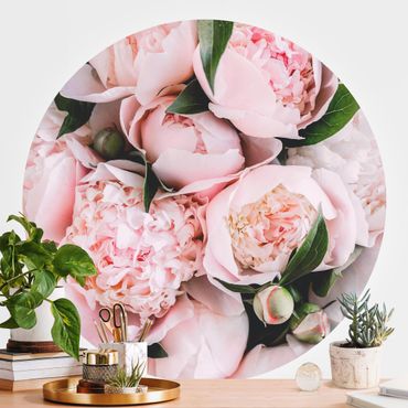 Papier peint rond autocollant - Pink Peonies With Leaves