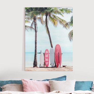 Tableau sur toile - Pink Surfboards Under Palm Trees - Format portrait 3:4