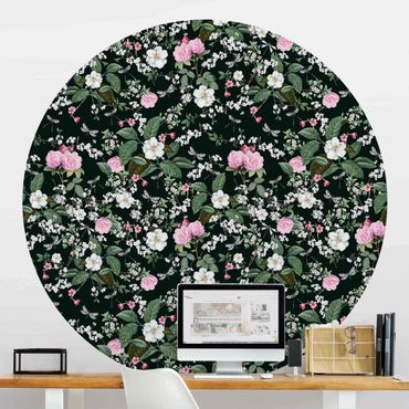 Papier peint rond autocollant - Roses And Butterflies On Dark Green