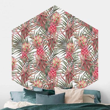 Papier peint hexagonal autocollant avec dessins - Red Pineapple With Palm Leaves Tropical