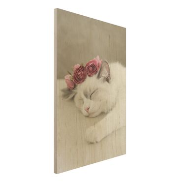 Tableau en bois - Sleeping Cat with Roses