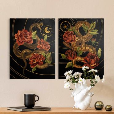 Impression sur toile - Snake With Roses Black And Gold Duo
