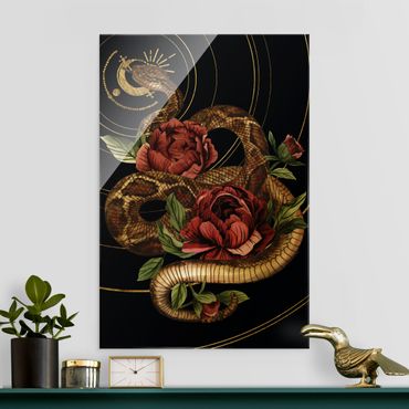 Tableau en verre - Snake With Roses Black And Gold I - Format portrait