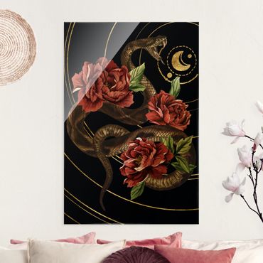 Tableau en verre - Snake With Roses Black And Gold II - Format portrait