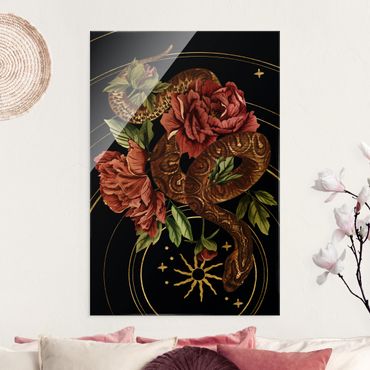 Tableau en verre - Snake With Roses Black And Gold III - Format portrait