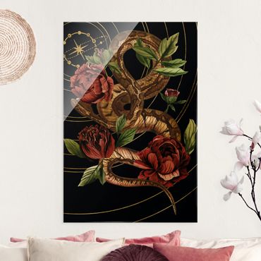 Tableau en verre - Snake With Roses Black And Gold IV - Format portrait