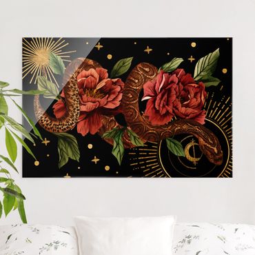 Tableau en verre - Snakes With Roses On Black And Gold II - Format paysage