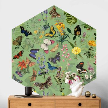 Papier peint hexagonal autocollant avec dessins - Butterflies With Flowers On Green