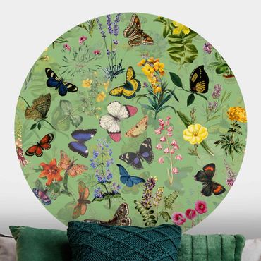 Papier peint rond autocollant - Butterflies With Flowers On Green