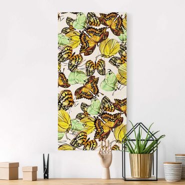 Tableau sur toile naturel - Swarm Of Yellow Butterflies - Format portrait 1:2