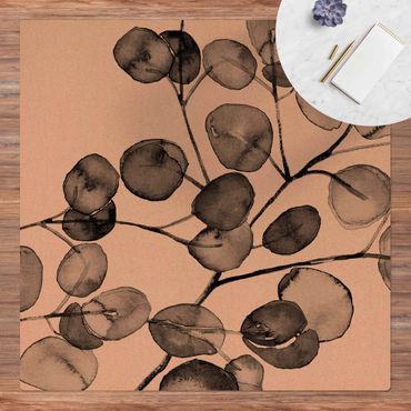 Tapis en liège - Black And White Eucalyptus Twig Watercolour - Carré 1:1