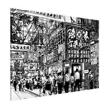 Tableau magnétique - Black And White Drawing Asian Street II - Format paysage 4:3