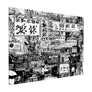 Tableau magnétique - Black And White Drawing Asian Street - Format paysage 4:3