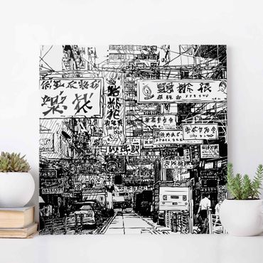 Tableau en verre - Black And White Drawing Asian Street