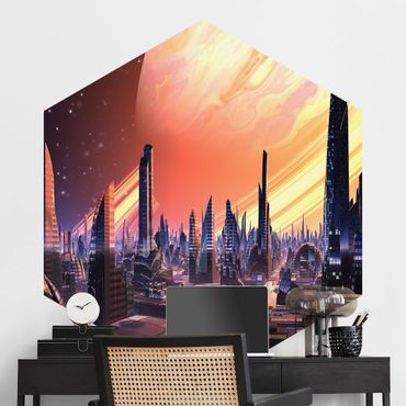Papier peint panoramique hexagonal autocollant - Sci-Fi Large City With Planet