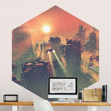 Papier peint panoramique hexagonal autocollant - Sci-Fi Spaceships At Sunrise