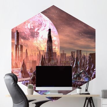 Papier peint panoramique hexagonal autocollant - Sci-Fi City With Planets