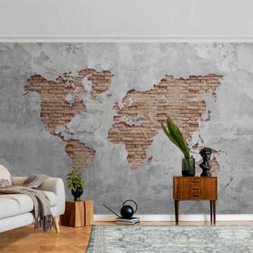 Metallic wallpaper - Shabby Concrete Brick World Map